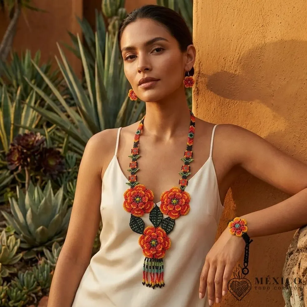 Huichol Mexican art 3 piece necklace earings and bracelet orange